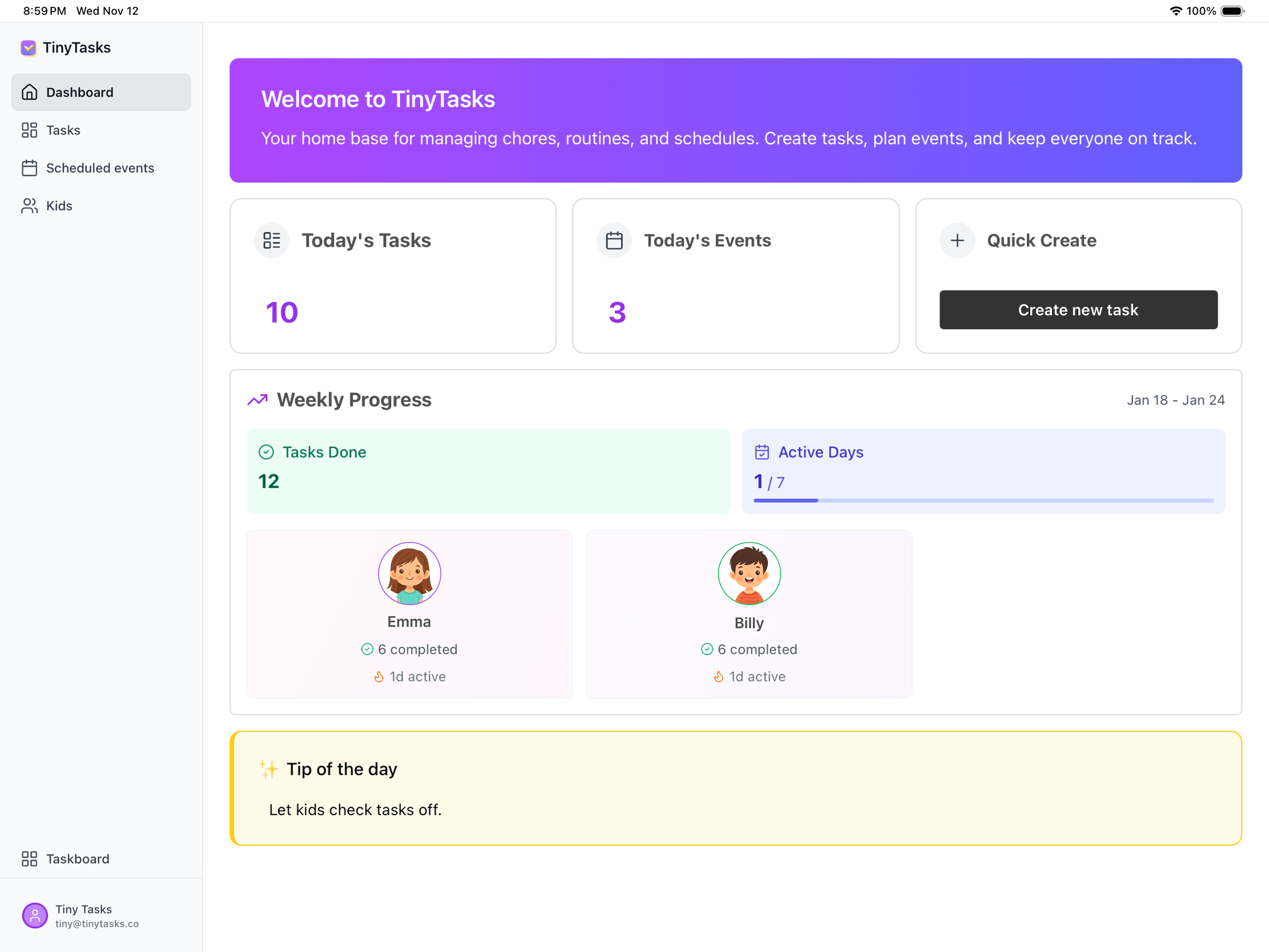 The parent dashboard with today's task count, today's events and a quick-create button