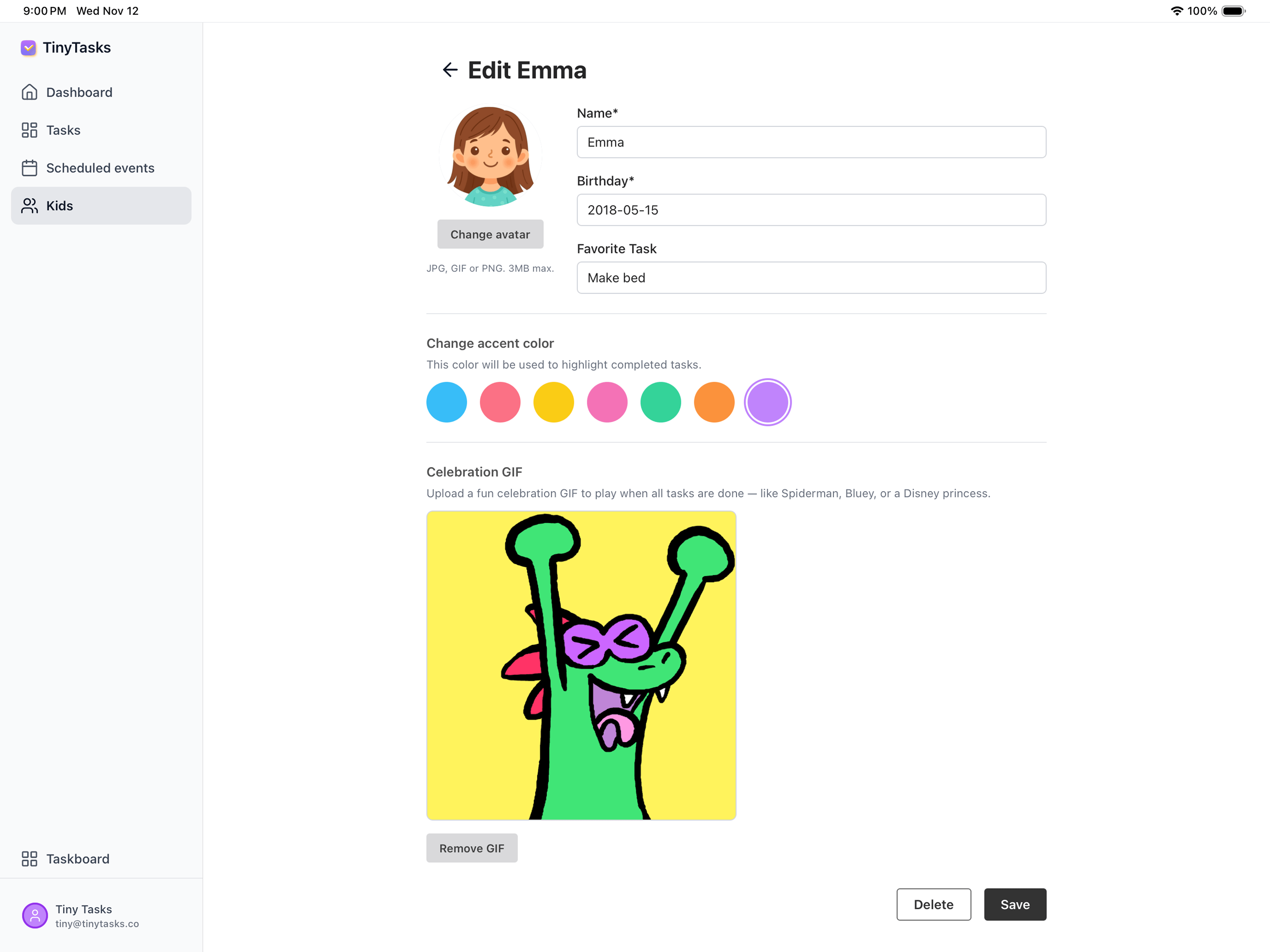 Editing a kid profile: avatar, accent color, and the celebration GIF that plays when all tasks are done