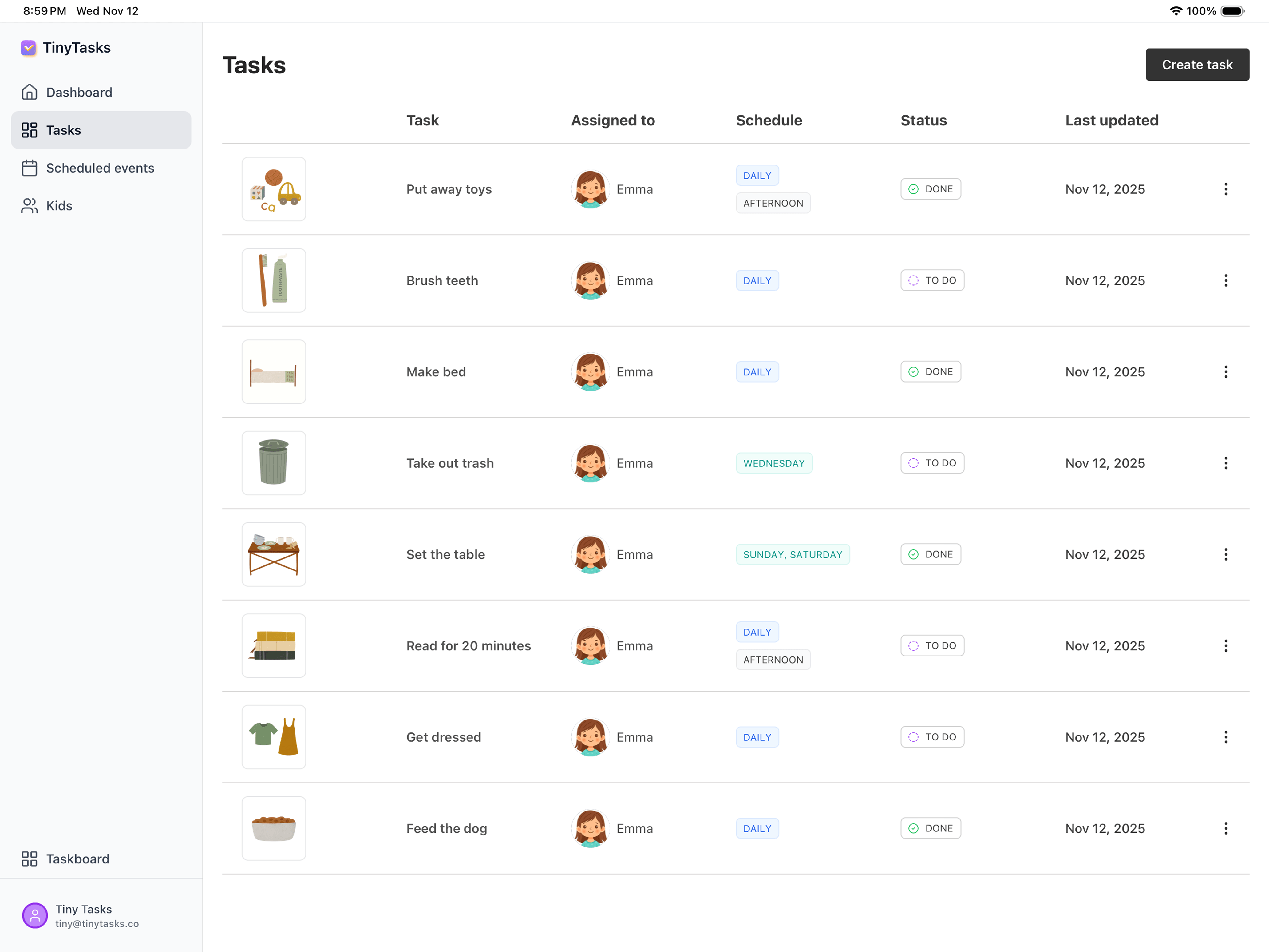 The parent's task list showing daily, weekly and afternoon schedules for two kids